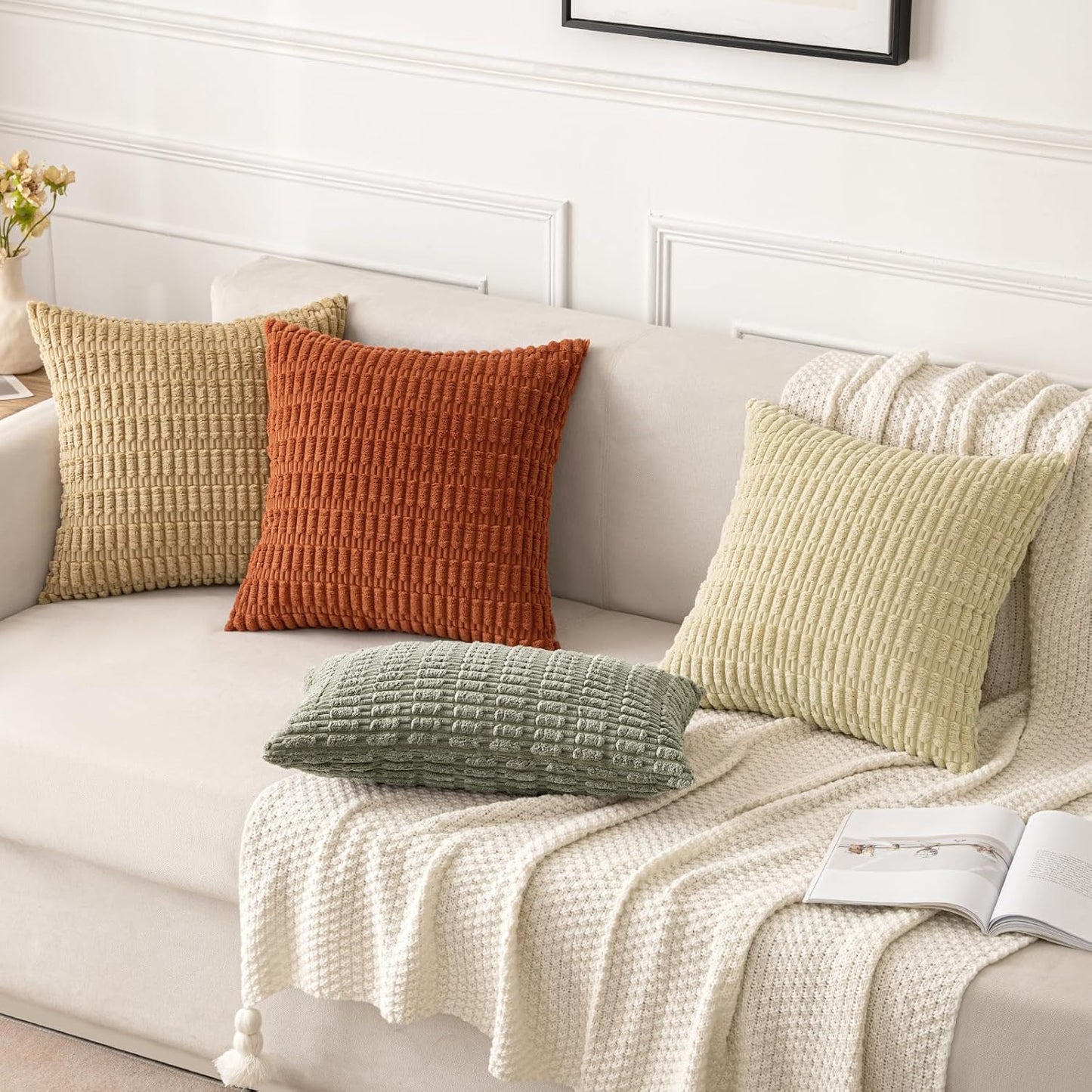 MIULEE Corduroy Throw Pillow Covers - Soft Boho Striped Design | 16x16 Inch Light Olive Green - Perfect for Modern Farmhouse Decor