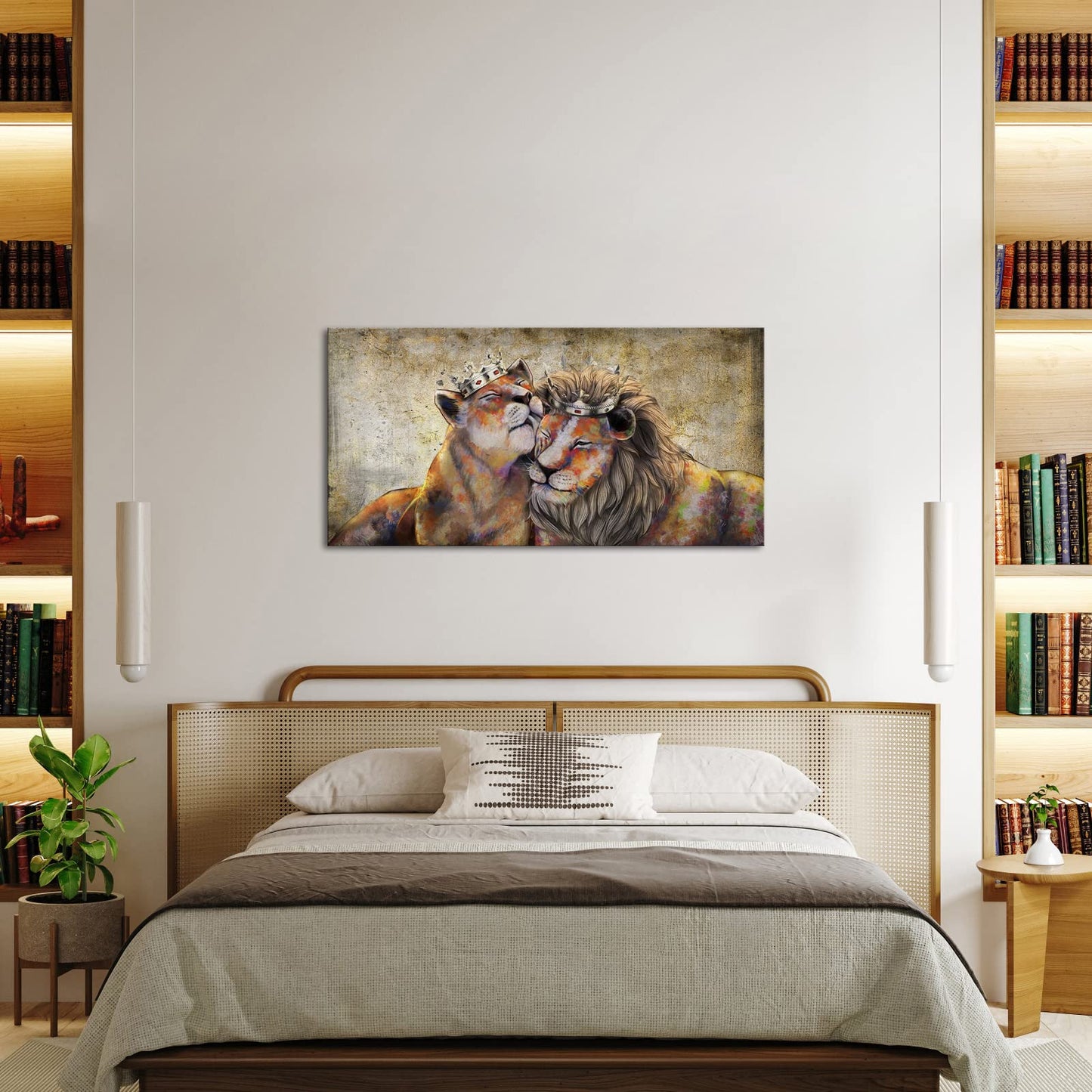 Canvbay Animal King Canvas Wall Art Lion and Lioness with Gold Crown Picture Romantic Couple Artwork Painting for Bedroom Modern Home Decoration Stretched and Framed Ready to Hang 20x40inch