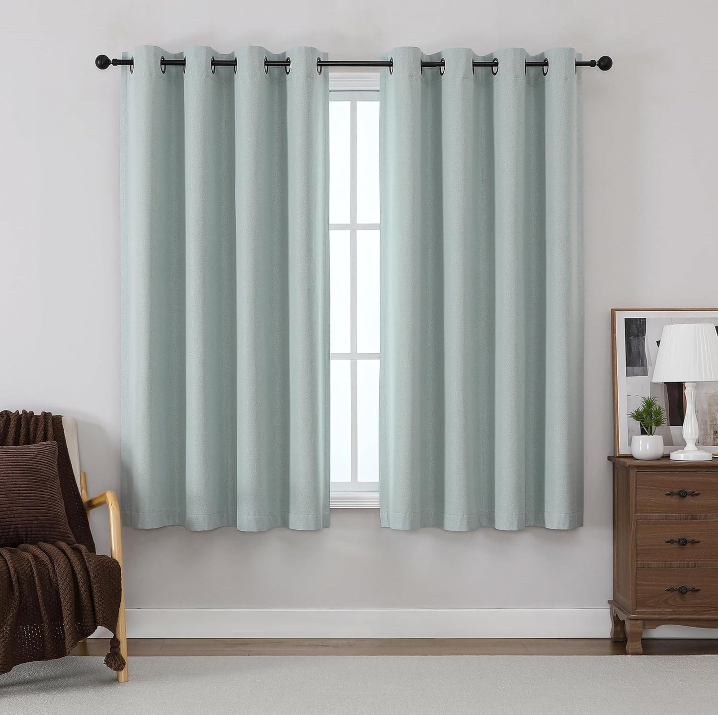 THOOO 100% Blackout Curtains - Natural Linen Textured Grommet Panels | 63 Inch Length, Sage Green for Bedroom & Nursery