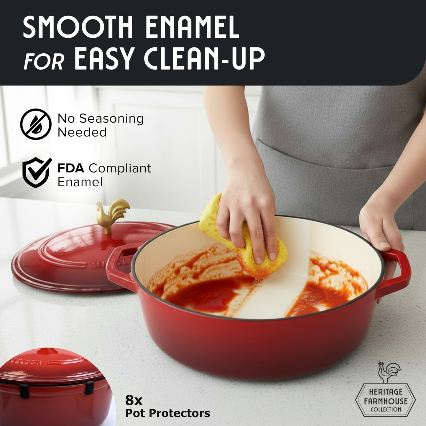 MUELLER HOME 5.5 Quart Enameled Cast Iron Oval Dutch Oven w Rooster Knob & Cotton Potholders, Heavy-Duty Cookware, Oven-Safe up to 500° F & Across All Cooktops, Gifts for Grandma & Women, Red