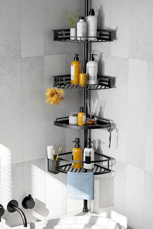 HAMITOR Corner Shower Caddy - 4-Tier Rustproof Bathroom Organizer with Quick Installation | Adjustable 47-121 Inch Black Shelves
