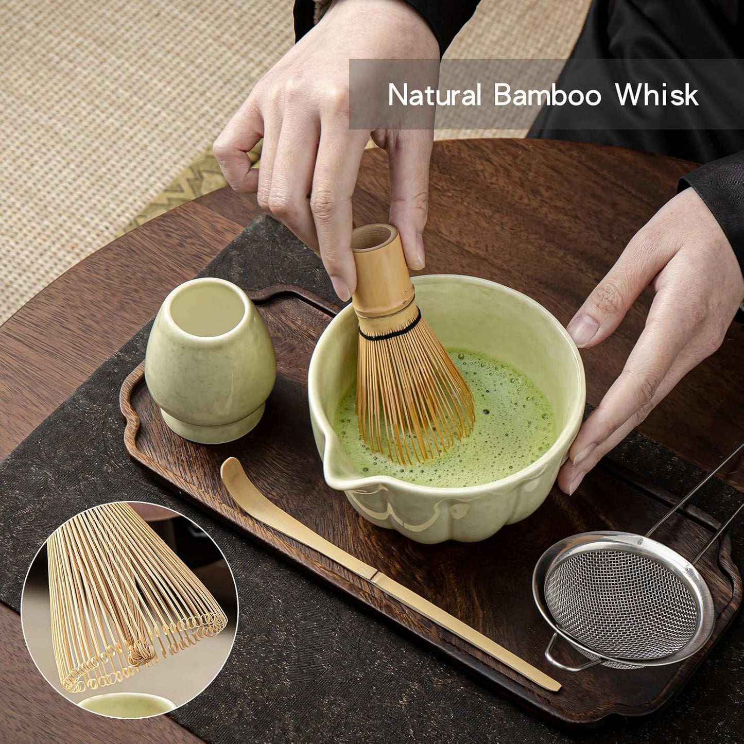 Skiennix Matcha Whisk Set - Complete 5-Piece Kit with Ceramic Bowl, Bamboo Whisk, and Sifter | Mottled Green