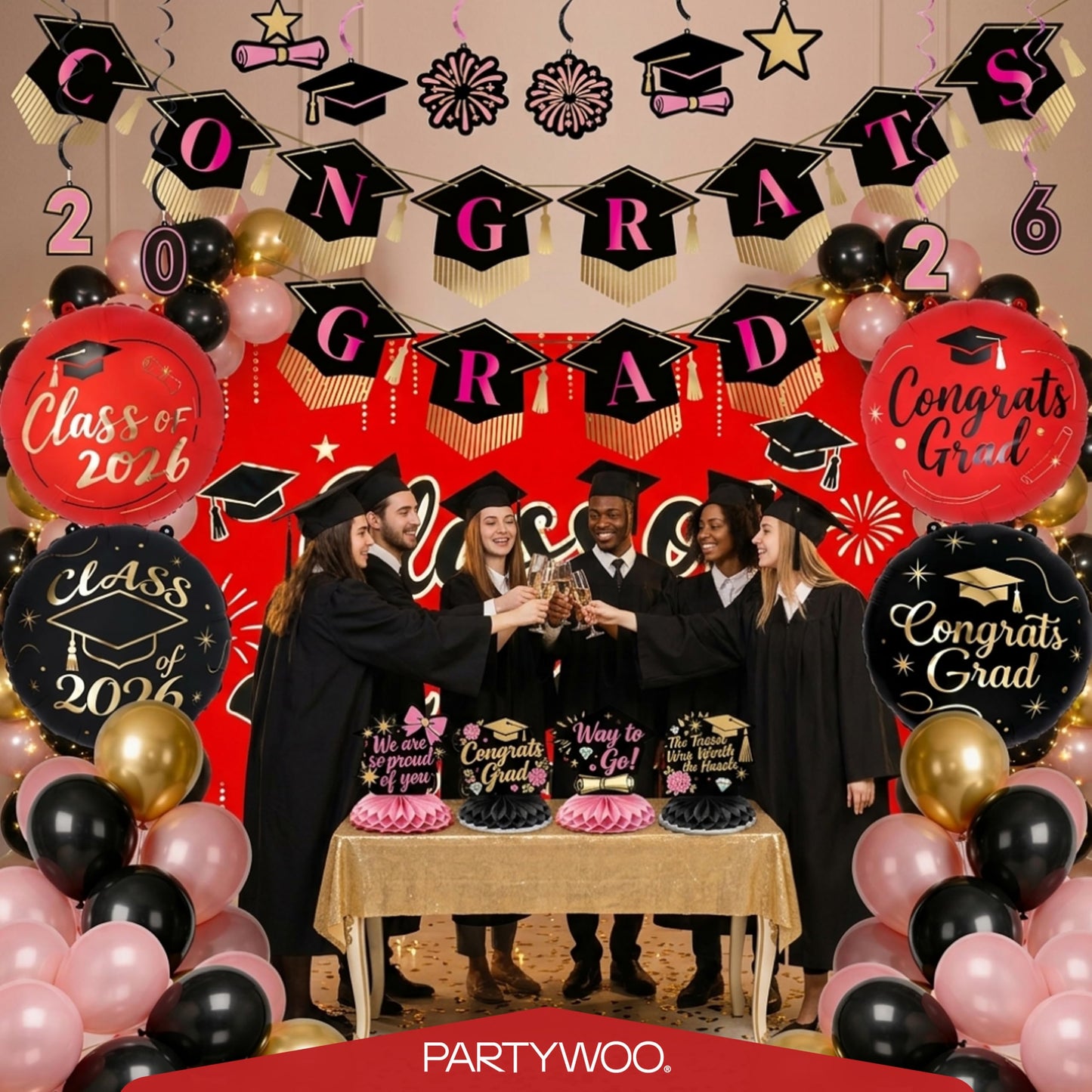 PartyWoo Graduation Decorations Class of 2026 Grad Party Supplies Set with Congrats Grad Red Black Pink Backdrop Banner Hanging Swirls Foil Latex Balloons Graduation Cap Centerpieces Party 40pcs