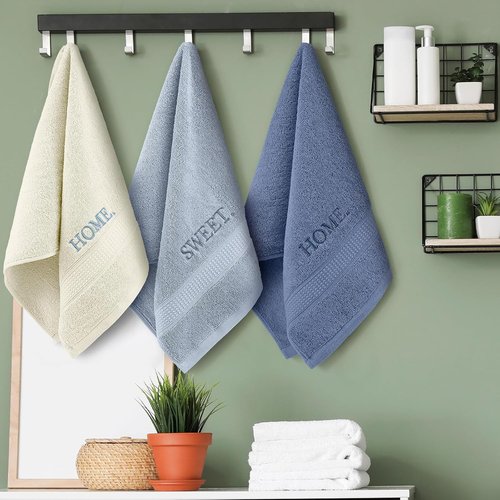 FuWeave Hand Towels Set - Rustic Embroidered Cotton for Bathroom & Kitchen | 3 Pcs Blue Home Sweet Home Decor