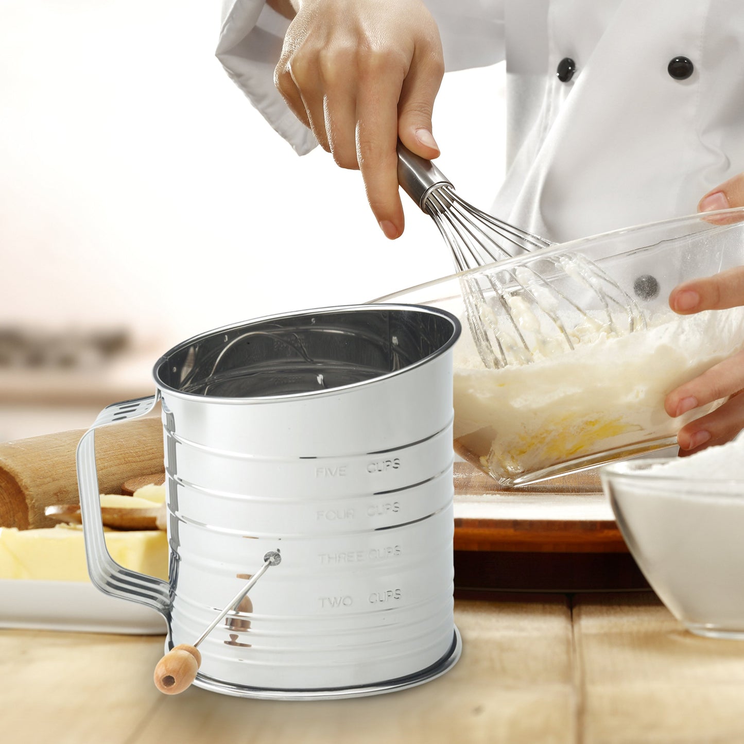 Mrs. Anderson's Baking Hand Crank Flour Sifter, Stainless Steel, 5-Cup Capacity, For Breaking Up Clumps And Aerating Flour And Powdered Sugar