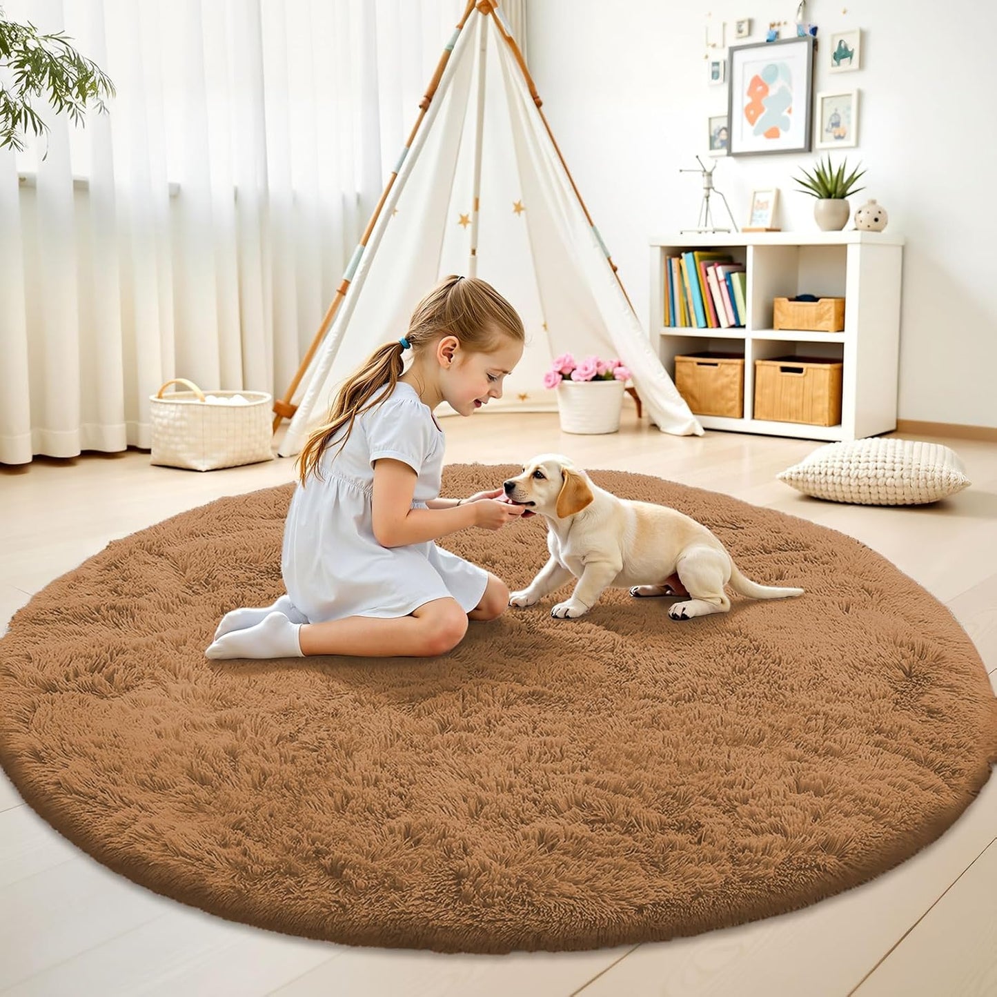 OLANLY Round Khaki Area Rug - Soft, Fluffy, Machine Washable 6 ft Circle Carpet for Bedroom & Living Room