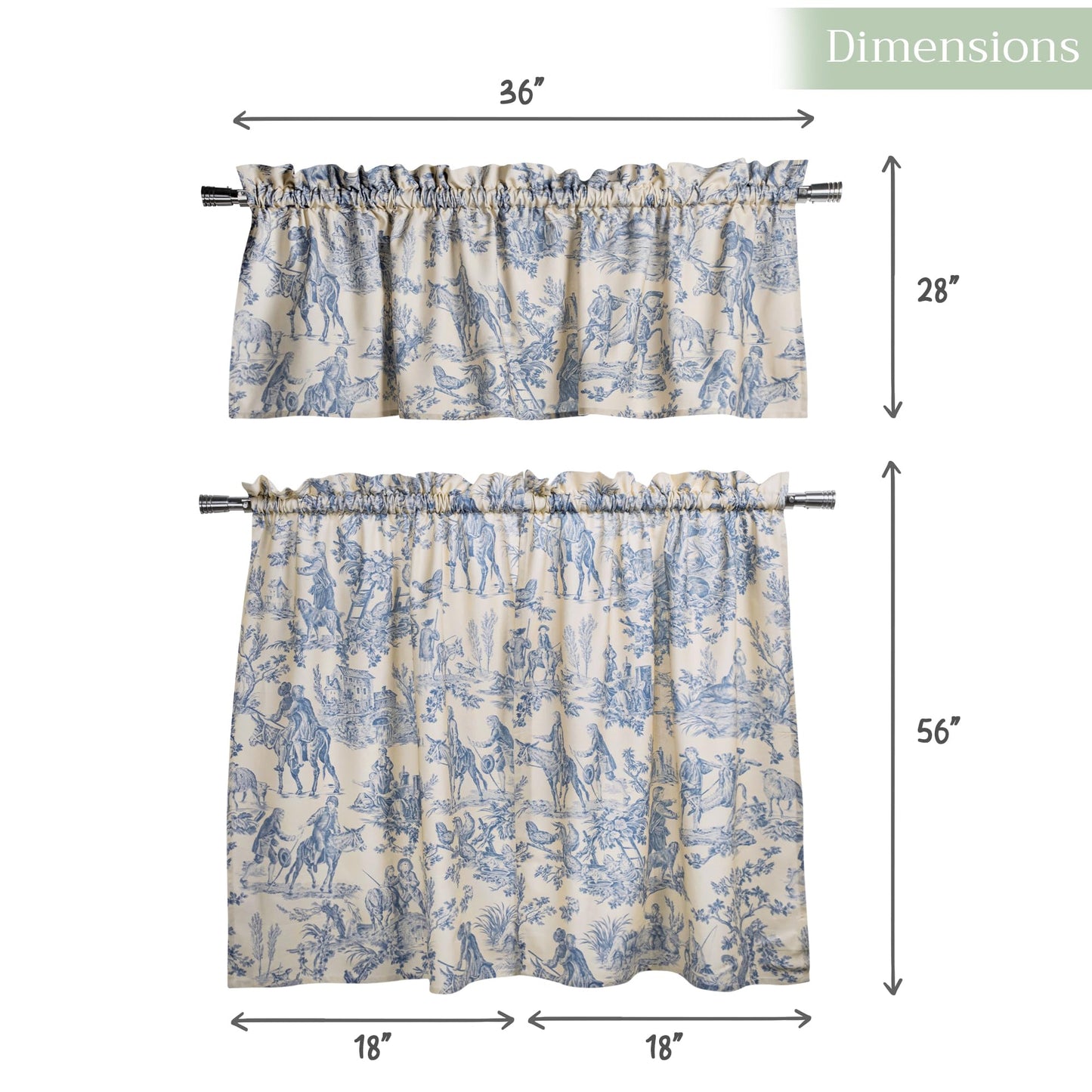 Maison d' Hermine Kitchen Curtain Set for Windows 100% Cotton Set of Kitchen Curtain Valance for Home [2 Tier (28"X36") and 1 Valance (56"X18")] Café Gifts for Mothers Day (The Miller - Blue)