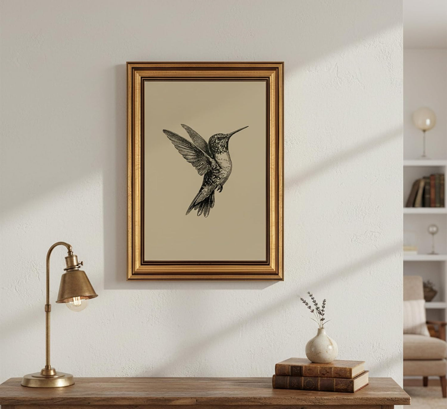 MDHFJEAW Vintage Gold Framed Hummingbird Wall Art - Retro Black and White Canvas Print, 12x16 In