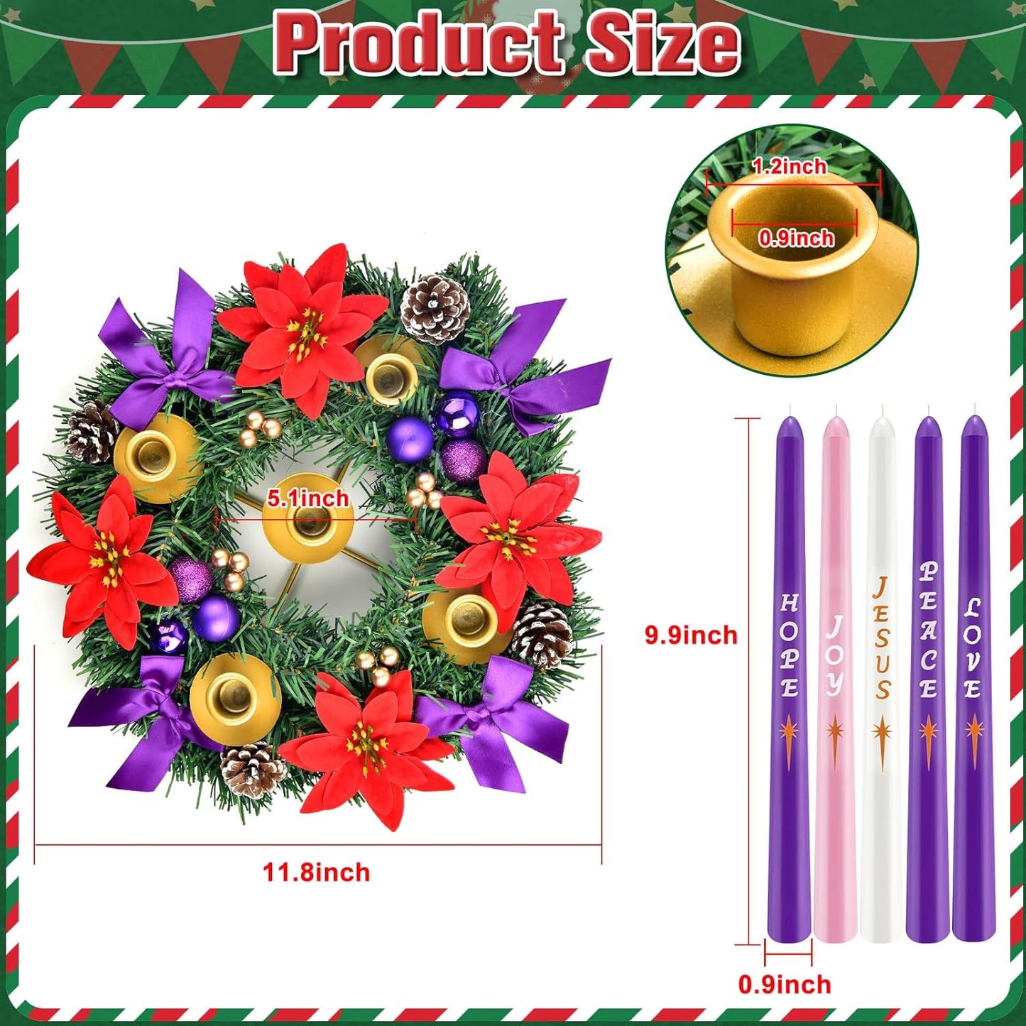 Skiennix 12-Inch Christmas Advent Wreath - 5 Candle Holder Set with Fire Retardant Metal Cups for Indoor Decor