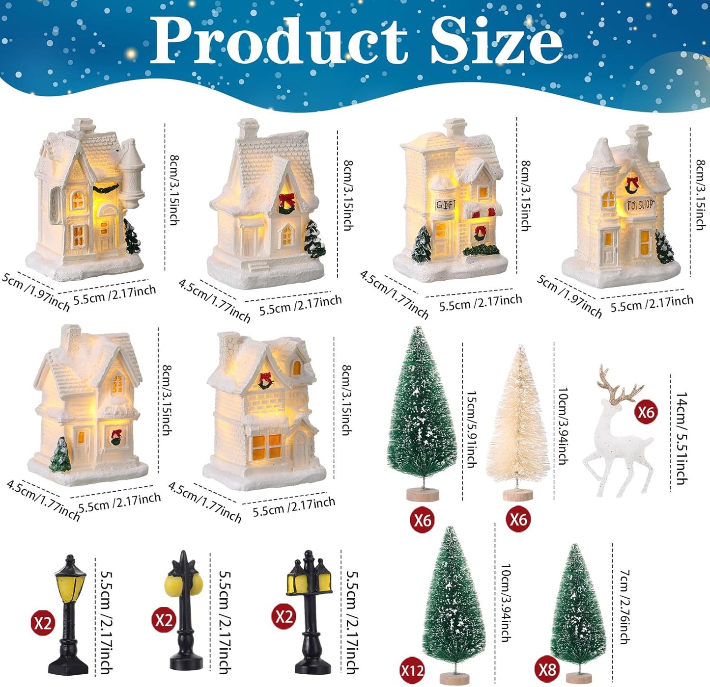 Kasyat Winter Village Set - 50 Pcs LED Lighted White Houses & Mini Trees for Christmas Decor