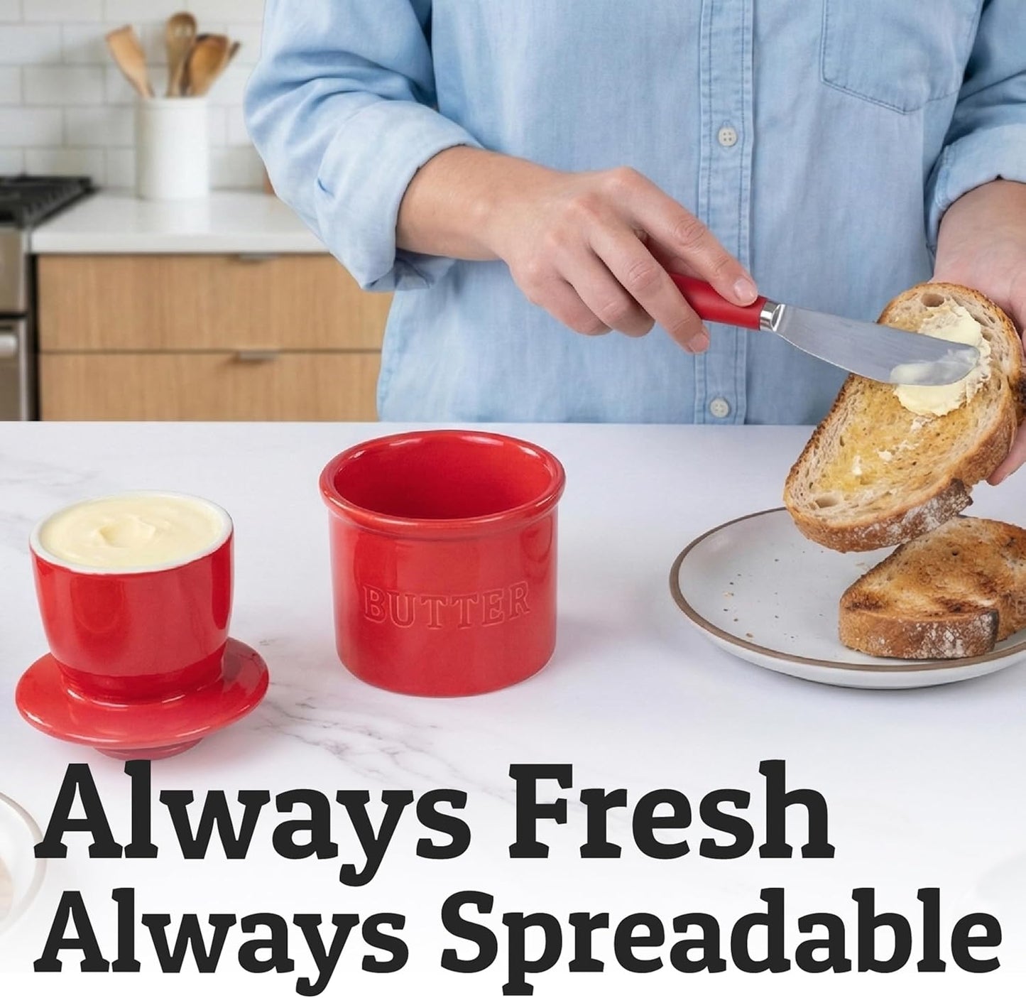 PriorityChef Butter Crock - Ceramic French Butter Dish with Lid & Water Line | Red Color