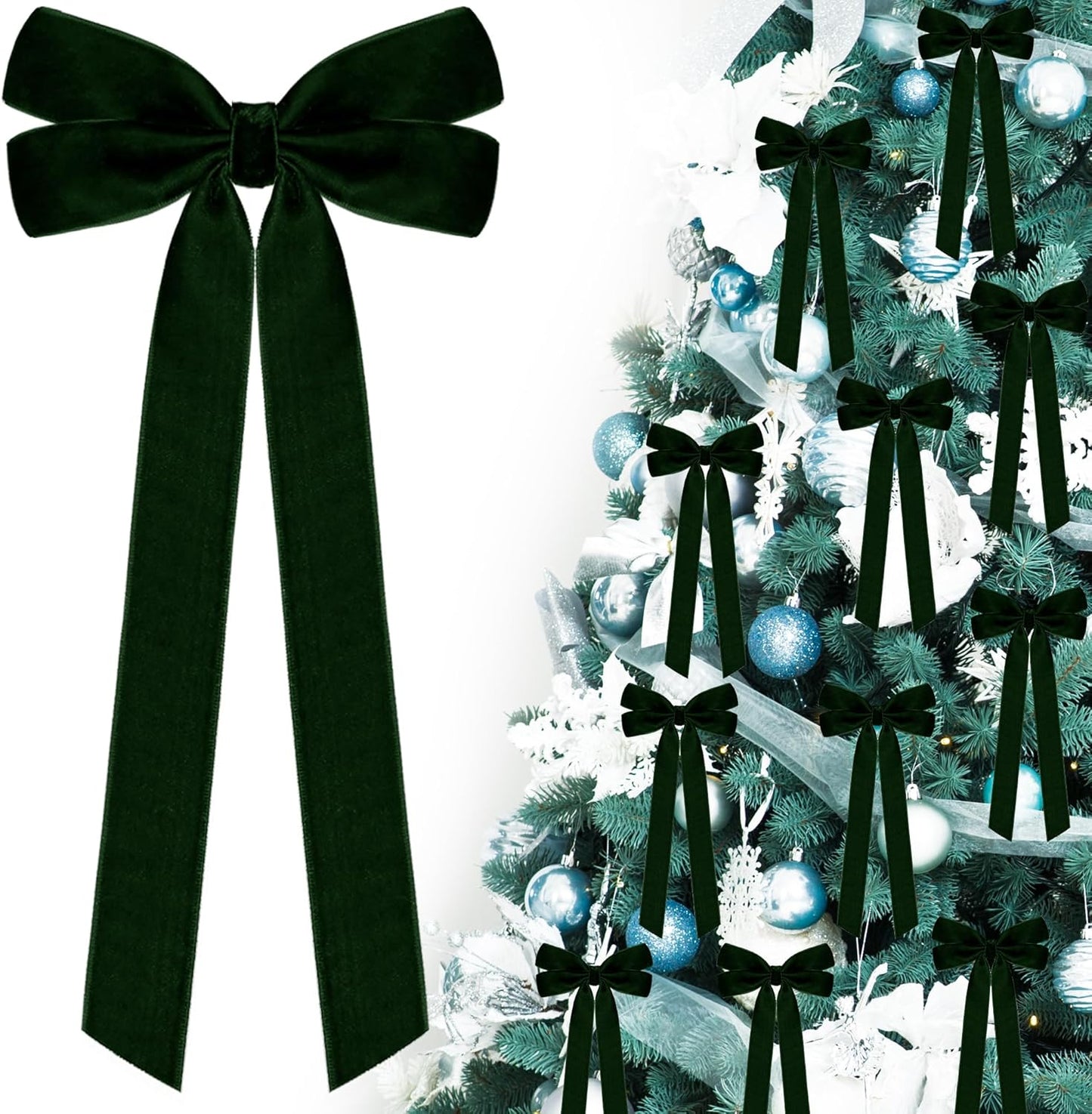 MUKOSEL Velvet Ribbon Bows - 12 Pcs Dark Green Christmas Tree Decorations | Holiday Ornaments & Wreaths