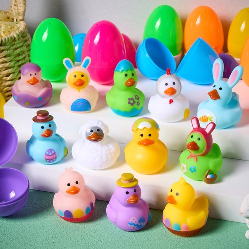 JOYIN 12 Pcs Prefilled Easter Eggs with Rubber Ducks Bath Toys, Basket Stuffers for Toddlers & Babies, Kids Party Favors, Easter Egg Hunt, Classroom Prizes for Kids