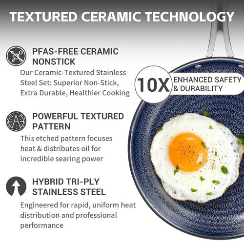 Ammeloo Hybrid Stainless Steel Cookware Set, 17-Piece Tri-Ply Pots and Pans Set Non Stick, Induction Kitchen Cookware Sets, Dishwasher & Oven Safe, PFOA Free, All Cooktops Compatible, Navy Blue