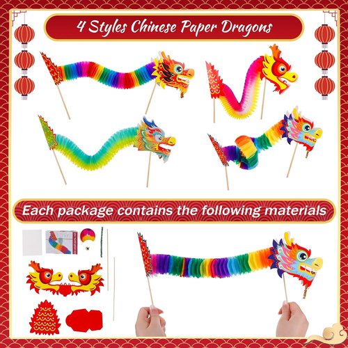 Chinese New Year Paper Dragon Decorations - 3D Hanging Garland & Handheld Toys for Kids | 8 Pcs Set