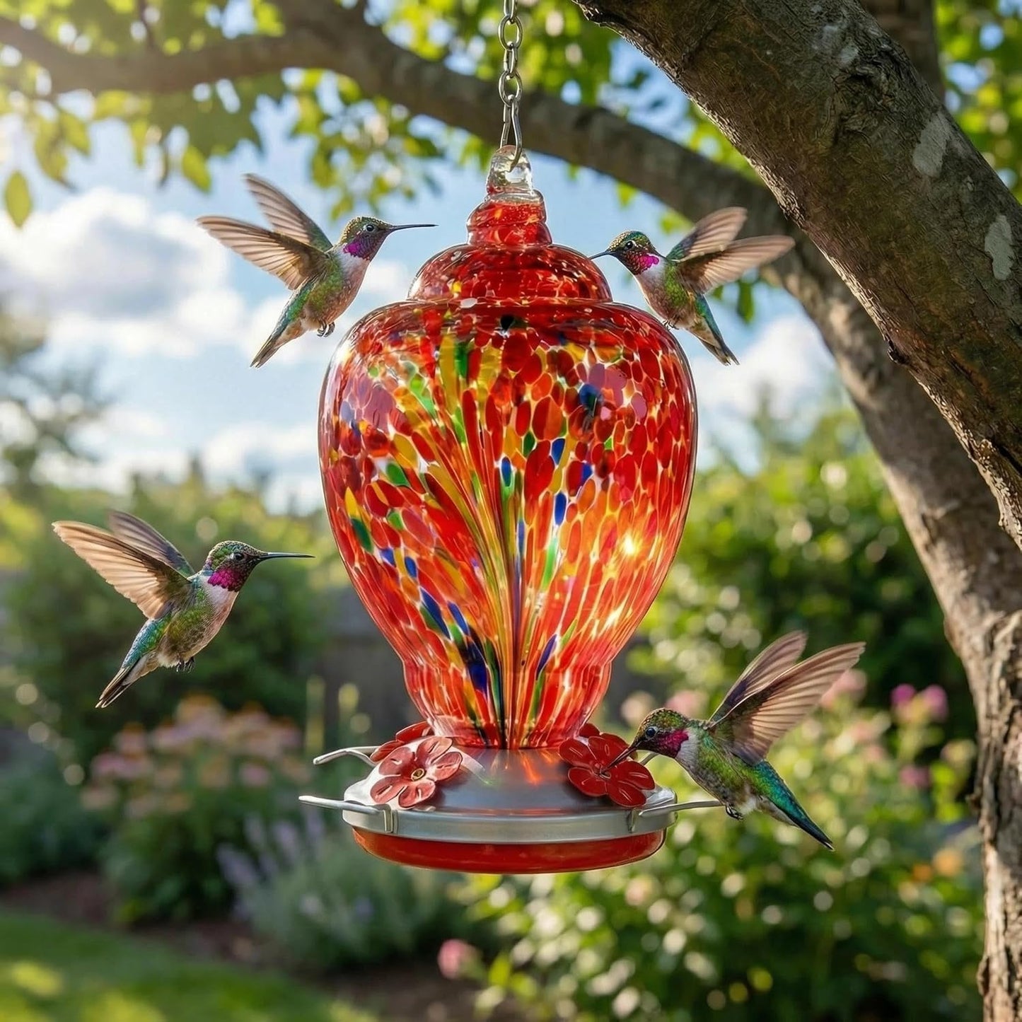 WOSIBO Hummingbird Feeder - Large 32 Ounce Colorful Hand Blown Glass with Ant Moat & Accessories | Red Firework