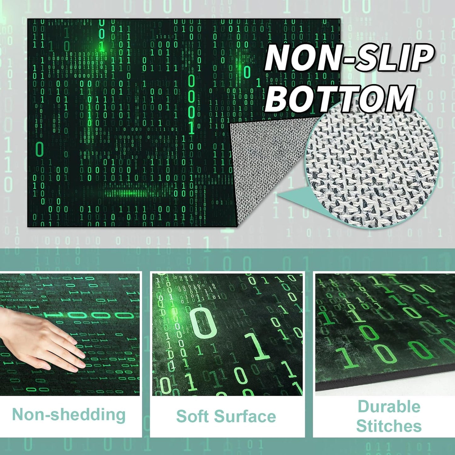 Washable Game Area Rug, Binary Code Design Gaming Programmer Teen Carpet Rug Doormat, Non-Slip Low-Pile Floor Carpet for Computer Bedroom Indoor Front Entrance Living Room Office (63" x 47")