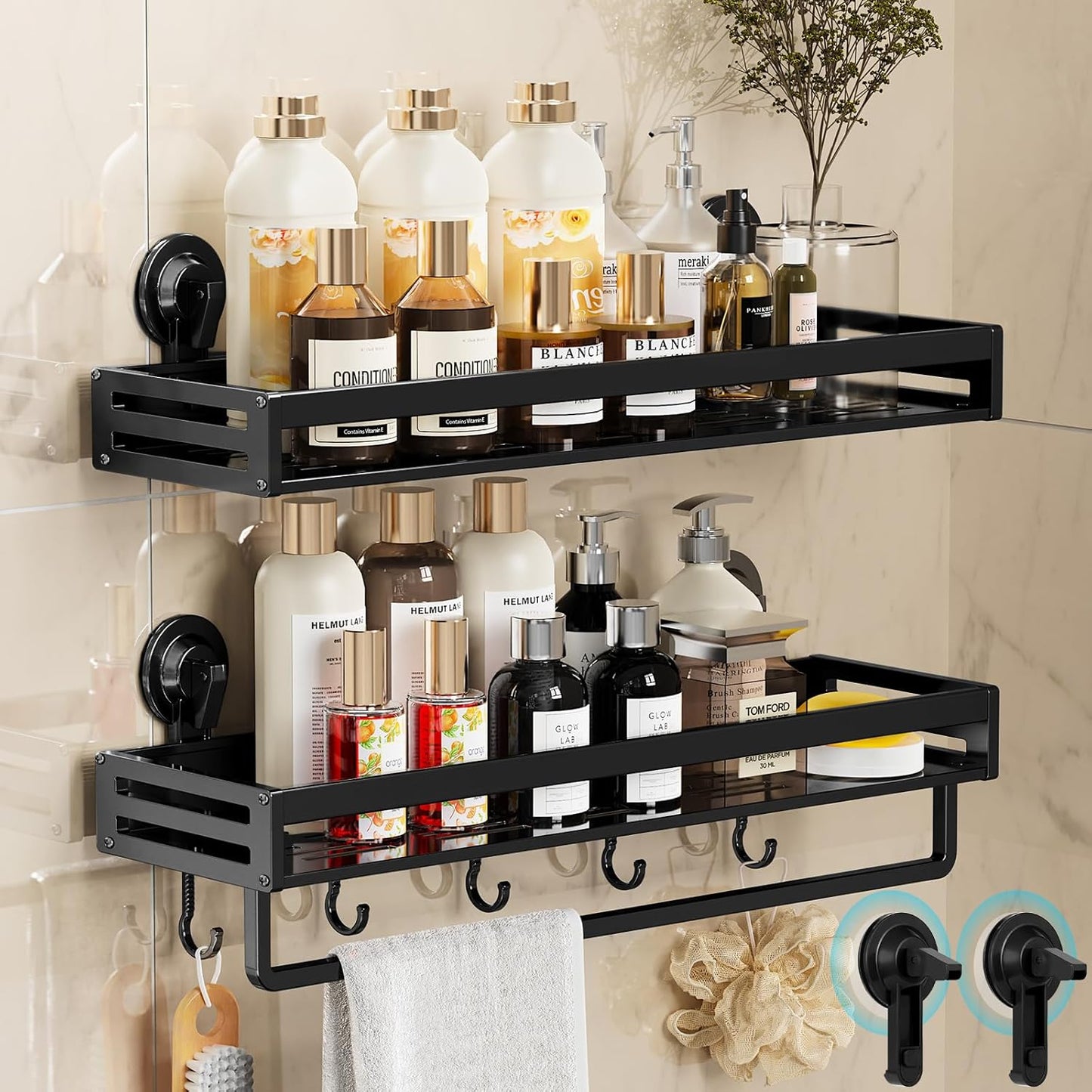 Skiennix Shower Caddy - 15.7 Inch Suction Cup Shelf with Hooks | Rustproof Bathroom Organizer - Black