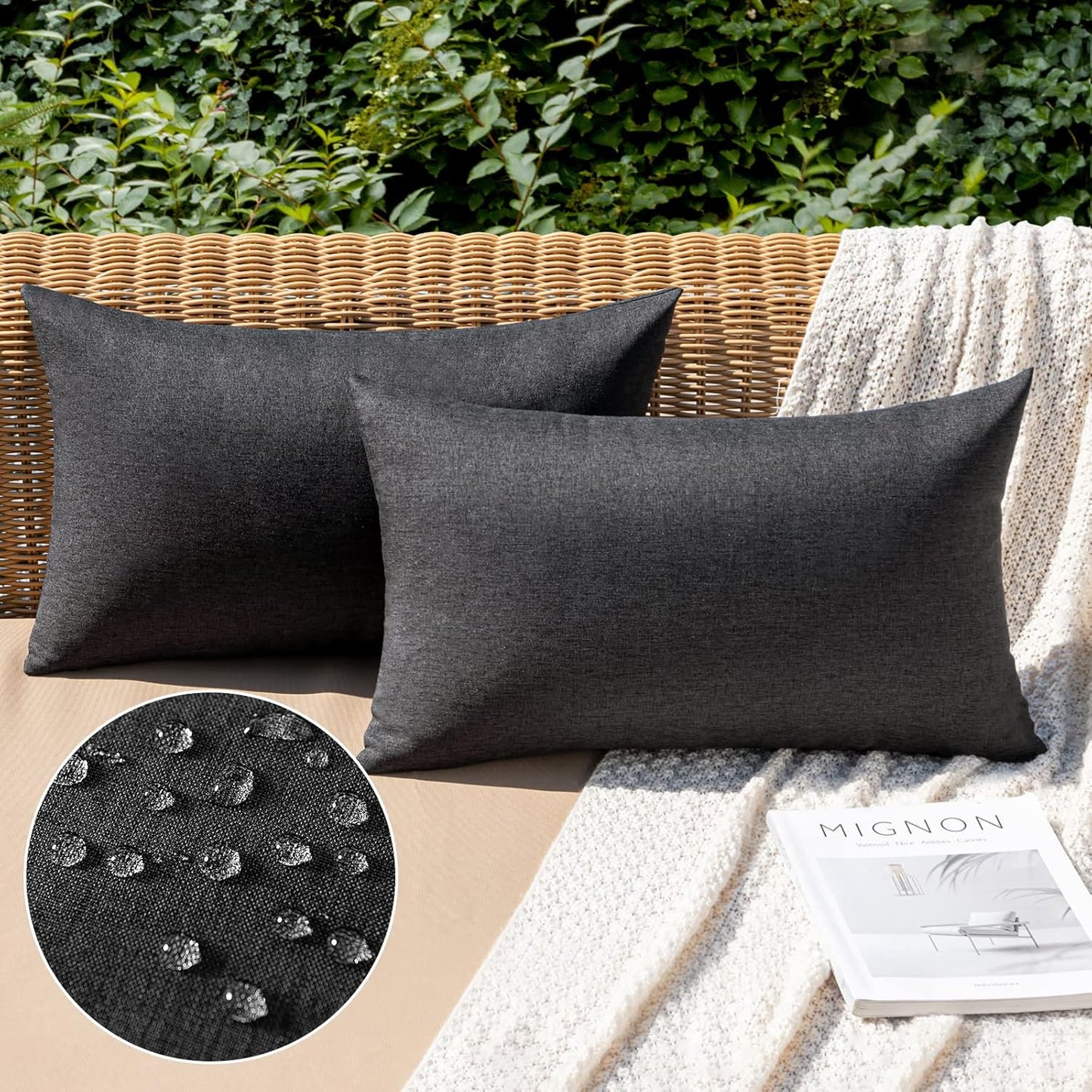 MIULEE Decorative Outdoor Throw Pillow Covers - Waterproof Faux Linen Cushion Cases | 20x12 Inch Black, Set of 2