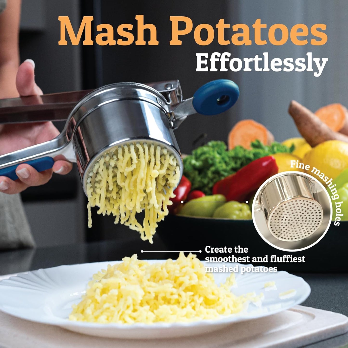 PriorityChef 15oz Potato Ricer - Heavy Duty Stainless Steel Masher With 3 Discs | Blue Kitchen Tool