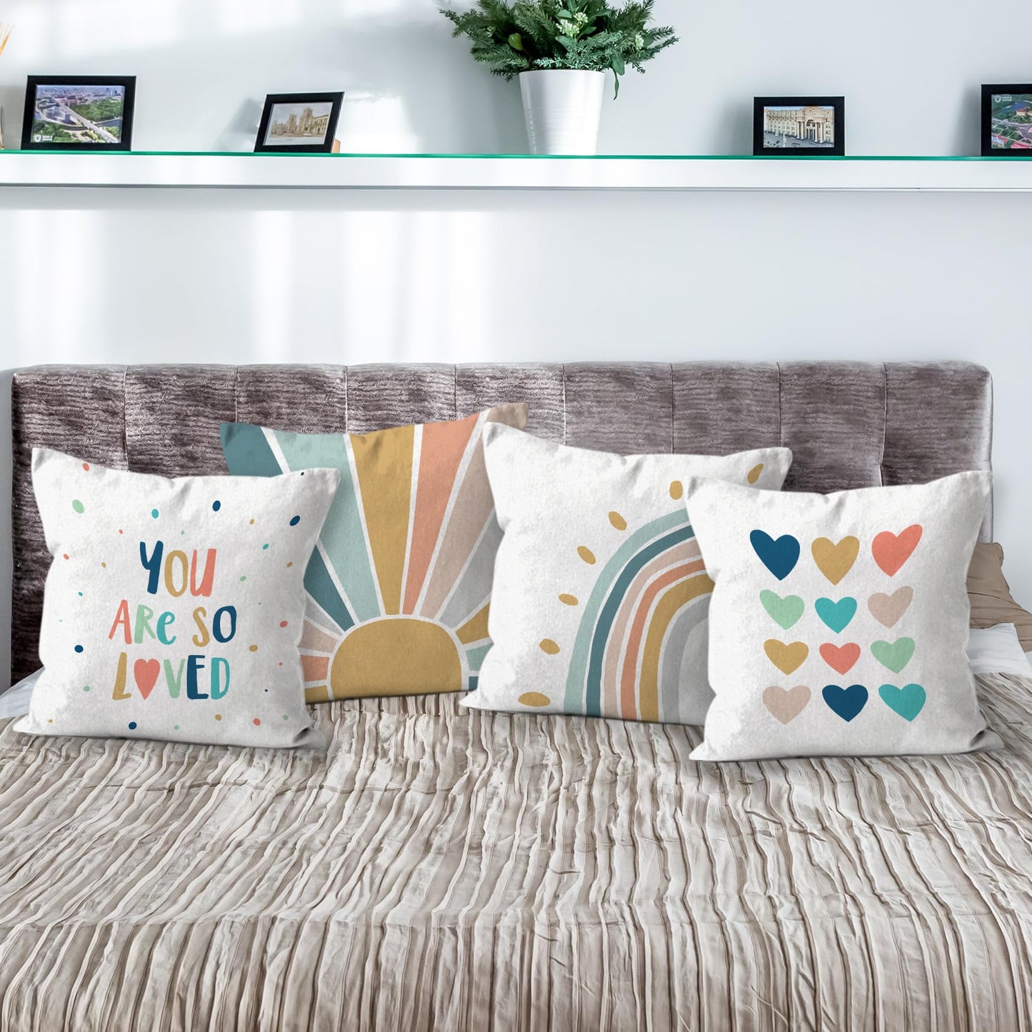 HIWX Boho Rainbow Pillow Cover, You are So Loved Decorative Throw Pillow Cover, Classroom Pillows, Sunshine Rainbow Sun for Classroom Nursery Room Decor Set of 4 Pillowcase 18 x 18