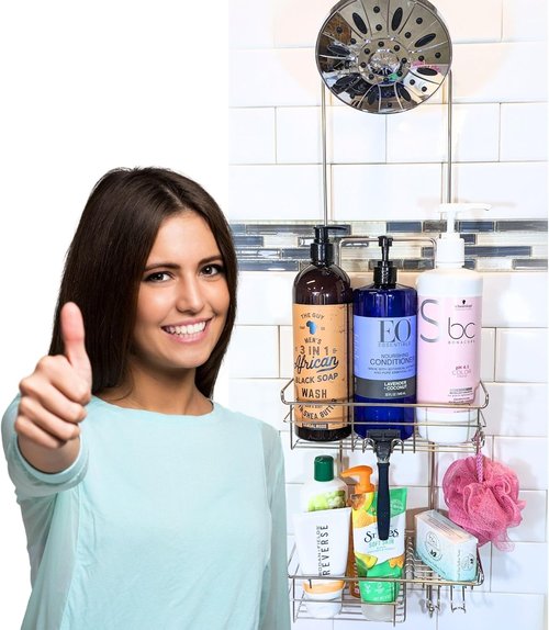 Gecko-Loc Shower Caddy - Extra-Long Adjustable Rustproof Stainless Steel Organizer with Suction Stabilizer & Hooks - Tool-Free Installation (Silver)