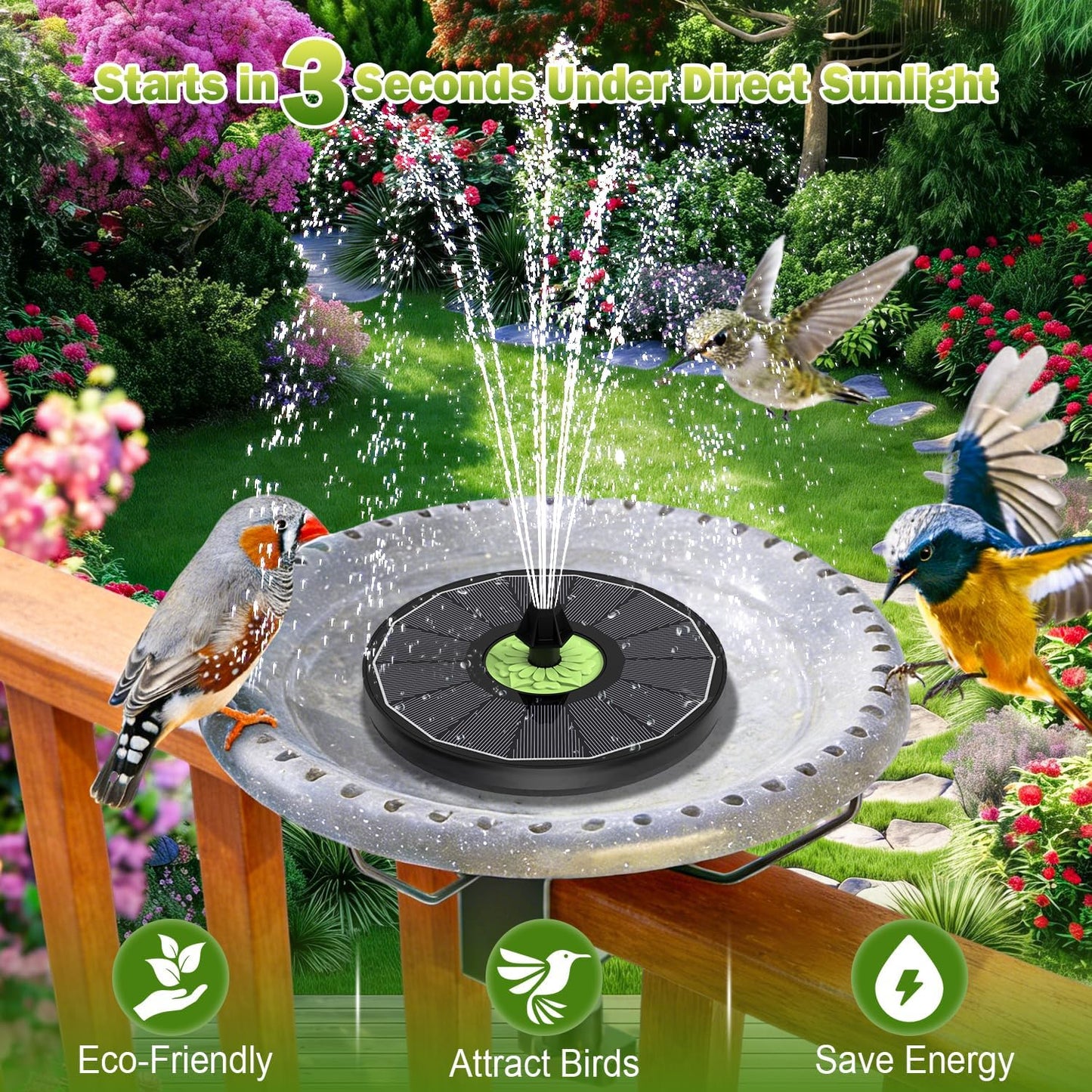 SZMP Solar Fountain - Upgraded 3.5W Full Glass Panel Pump with 7 Nozzles for Bird Bath & Garden Decor - Black