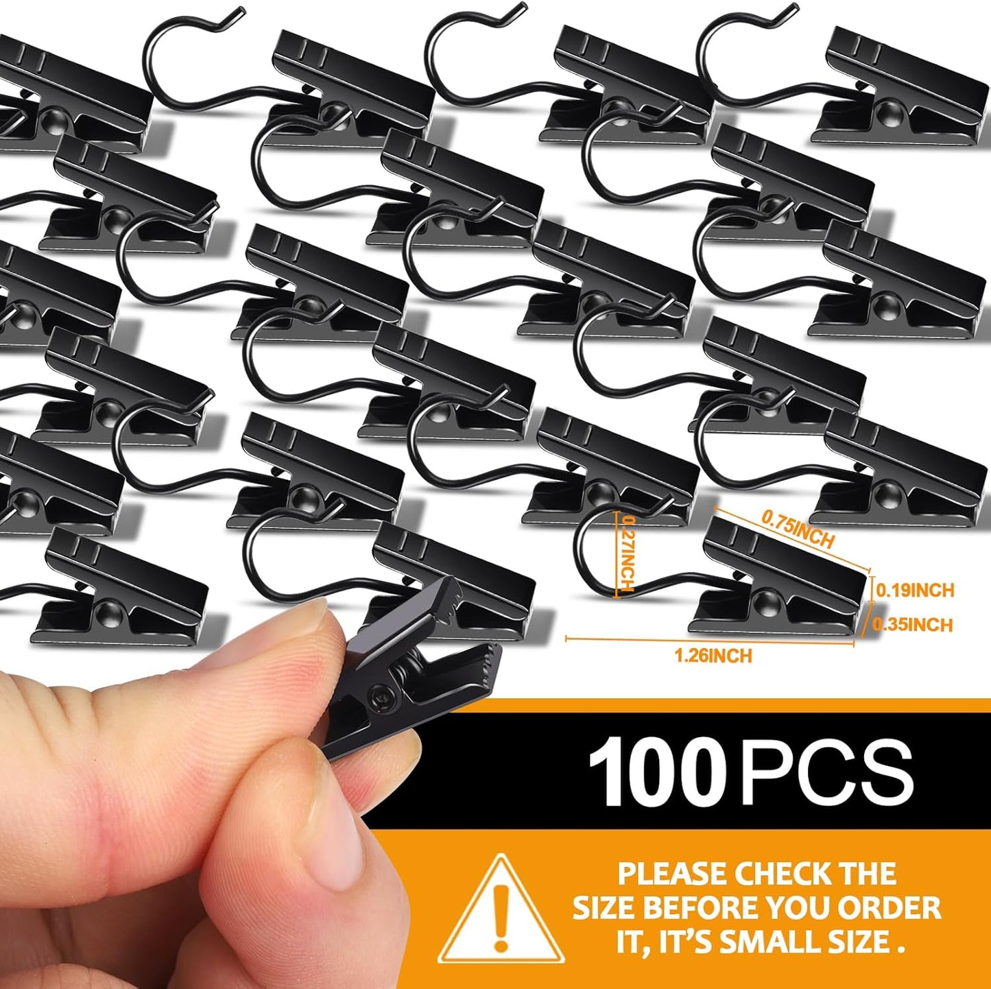 Teenitor Curtain Clips - 100 Pack Stainless Steel Hooks for Outdoor String Lights | Black