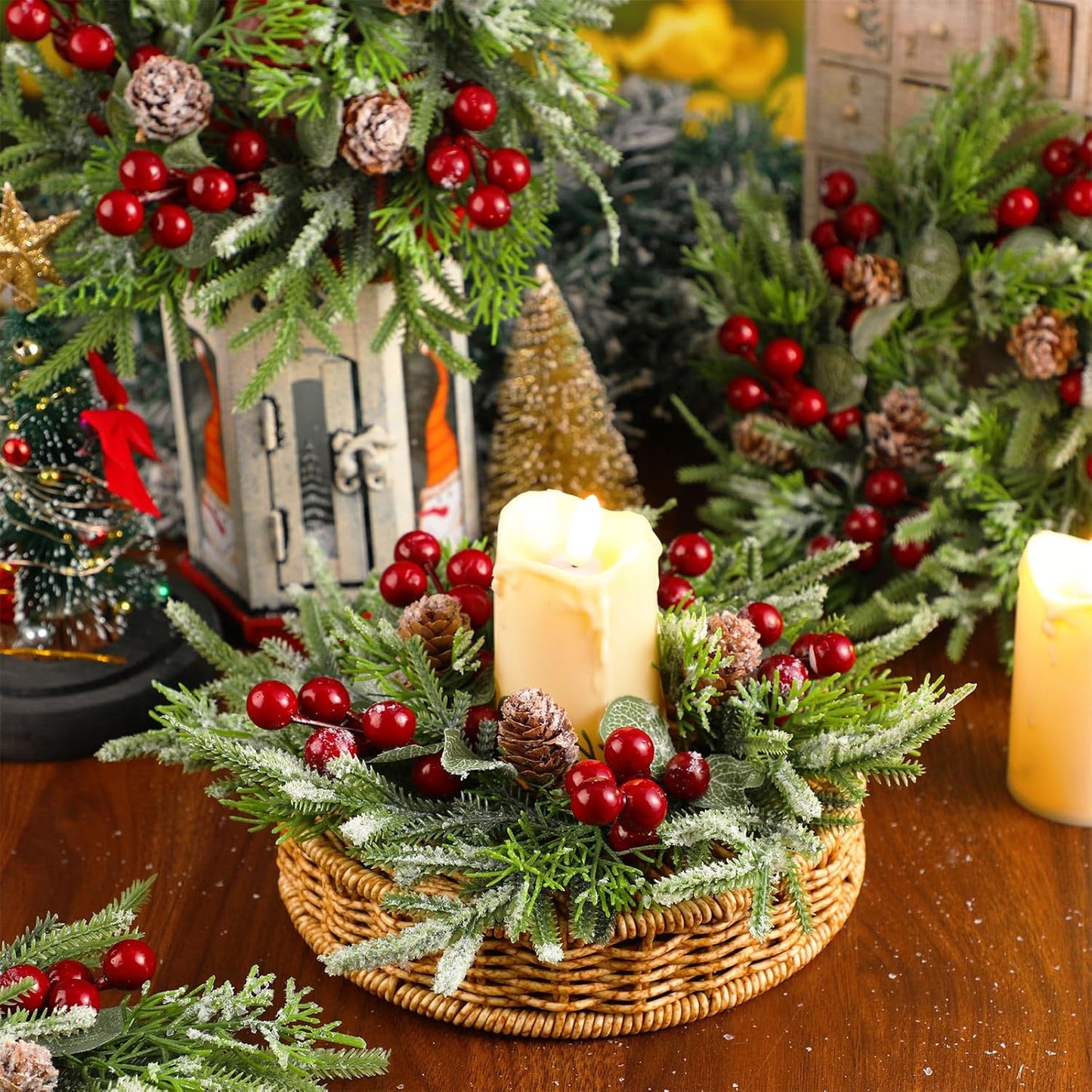 Lyrow Christmas Candle Rings - 4 Pcs Mini Wreaths with Artificial Berries & Snowy Pine | Holiday Table Decor