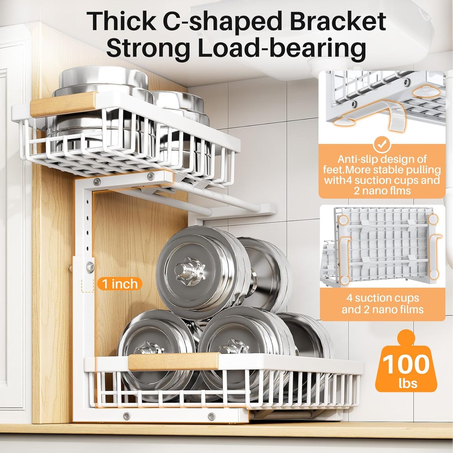 PXRACK Under Sink Organizer - Adjustable 2-Tier Pull-Out Storage for Kitchen & Bathroom | Large White 2-Pack