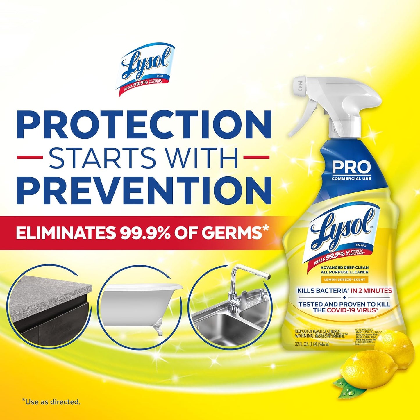 Lysol Pro All-Purpose Cleaner - Advanced Deep Cleaning Disinfectant Spray - Lemon Breeze - 32 oz Bottle (Pack of 12)