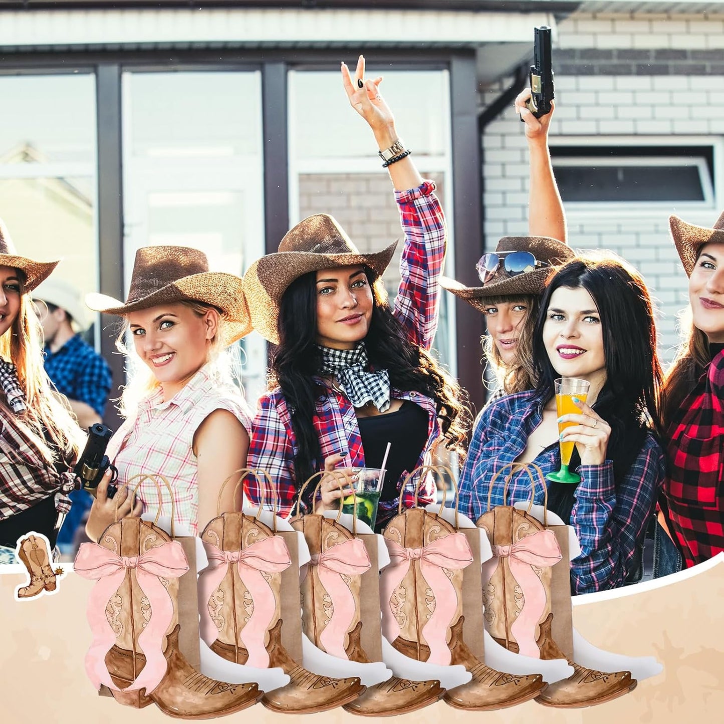 Sinload Western Gift Bags - Cowgirl Cowboy Boots Design with Pink Bow Handles | Brown Style, Perfect for Party Favors