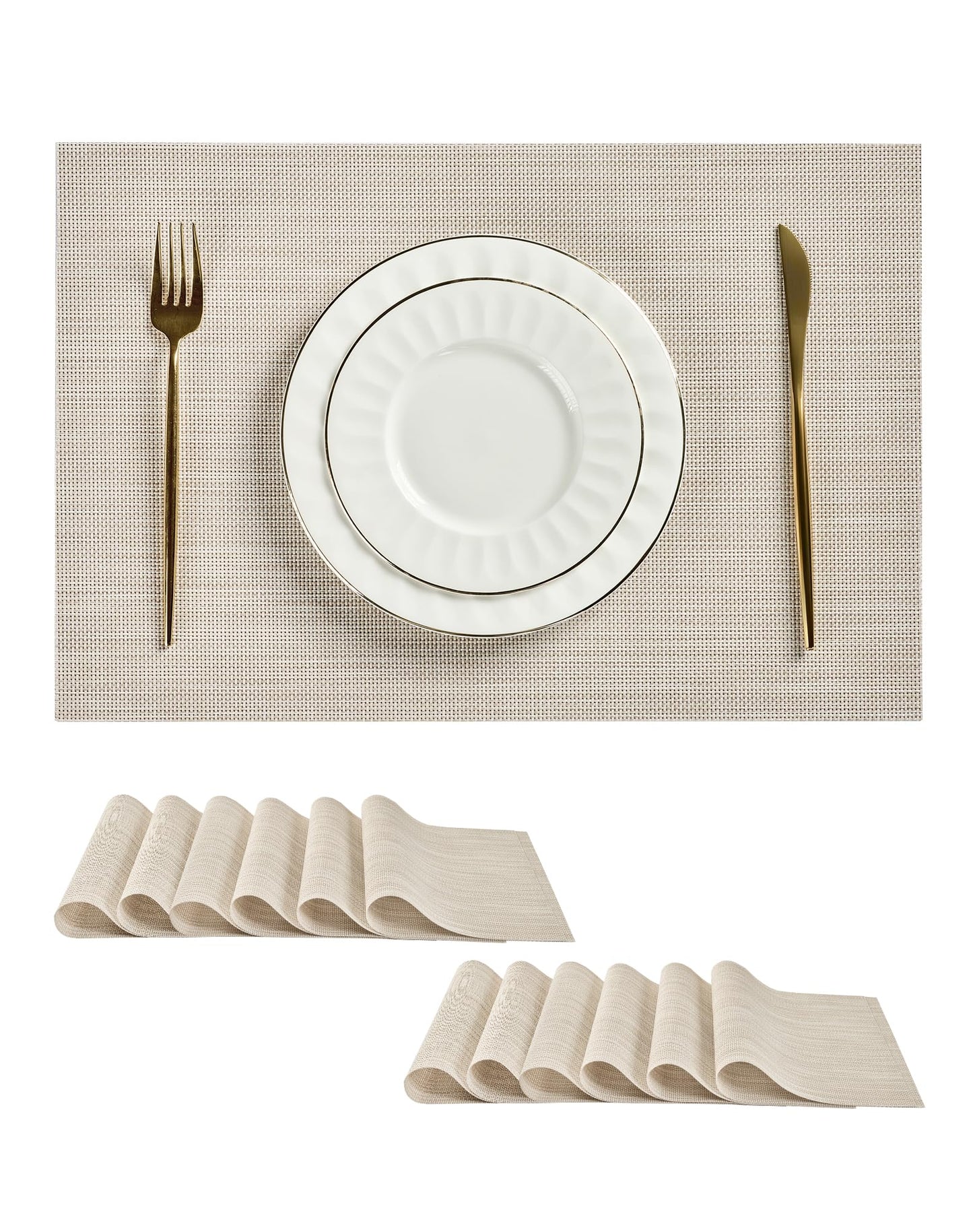 Leetaltree Beige White Placemats Set of 12 - Heat Resistant Non-Slip Place mats for Dining Table, Washable Durable PVC Vinyl Woven Table Mats(Beige White, 12)