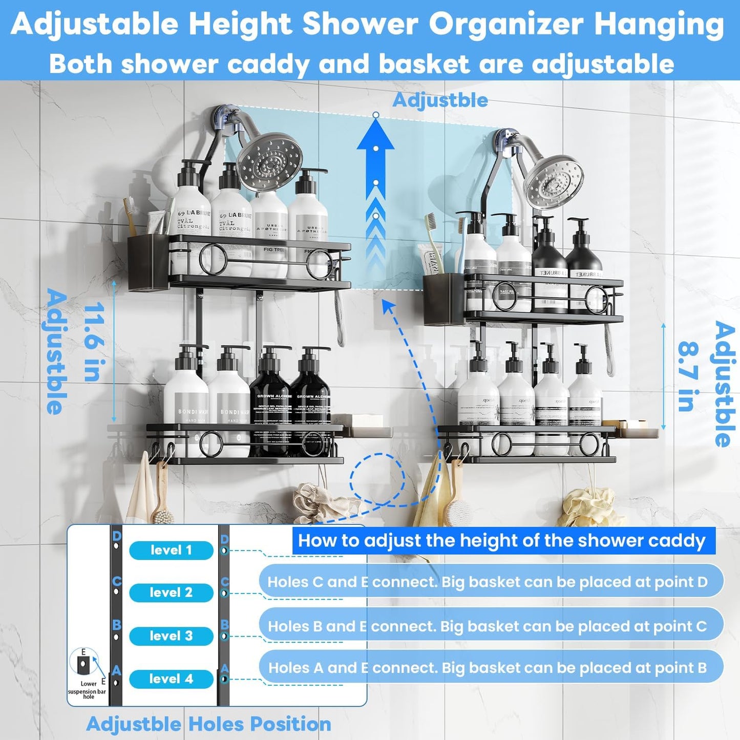 Skiennix Adjustable Shower Caddy - Rustproof Large-Capacity Bathroom Organizer with Hooks for Razors