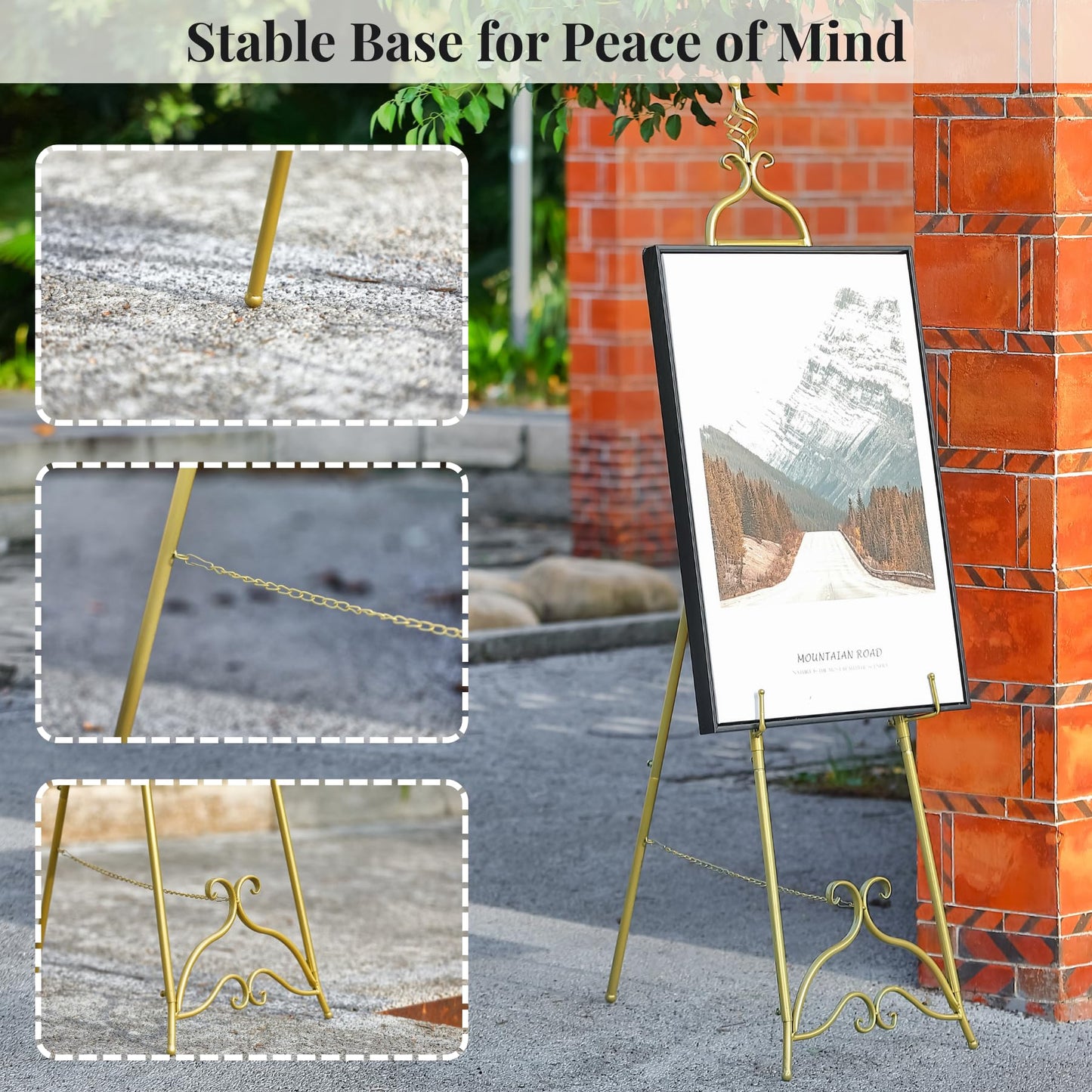 CaliDecor 58.5” H Gold Easel Stand for Sign, Large Adjustable Metal Display Standing for Displaying Pictures Wedding Poster Holder Showcasing with Chain Support