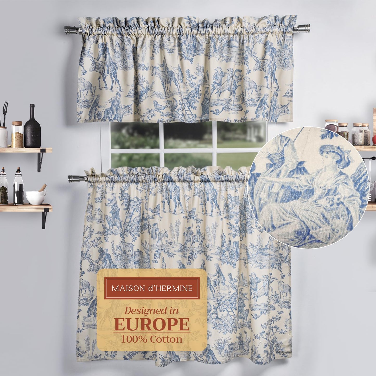 Maison d' Hermine Kitchen Curtain Set for Windows 100% Cotton Set of Kitchen Curtain Valance for Home [2 Tier (28"X36") and 1 Valance (56"X18")] Café Gifts for Mothers Day (The Miller - Blue)