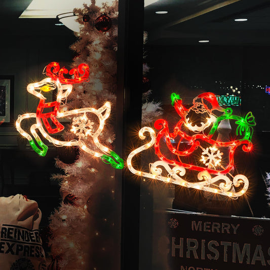 JUSTPRO 50L Lighted Christmas Sculpture,Including: Deer x1,Santa and Sleigh x1， for Holiday Indoor and Outdoor Wall Door Christmas Window Decorate