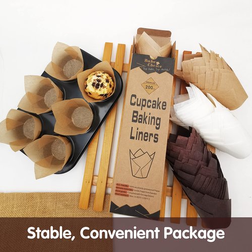 Bake Choice 200pcs Natural Tulip Cupcake Liners for Baking Cups Unbleached European Parchment paper Tulip Muffin Liners, Cupcake Wrapper for Party, Christmas