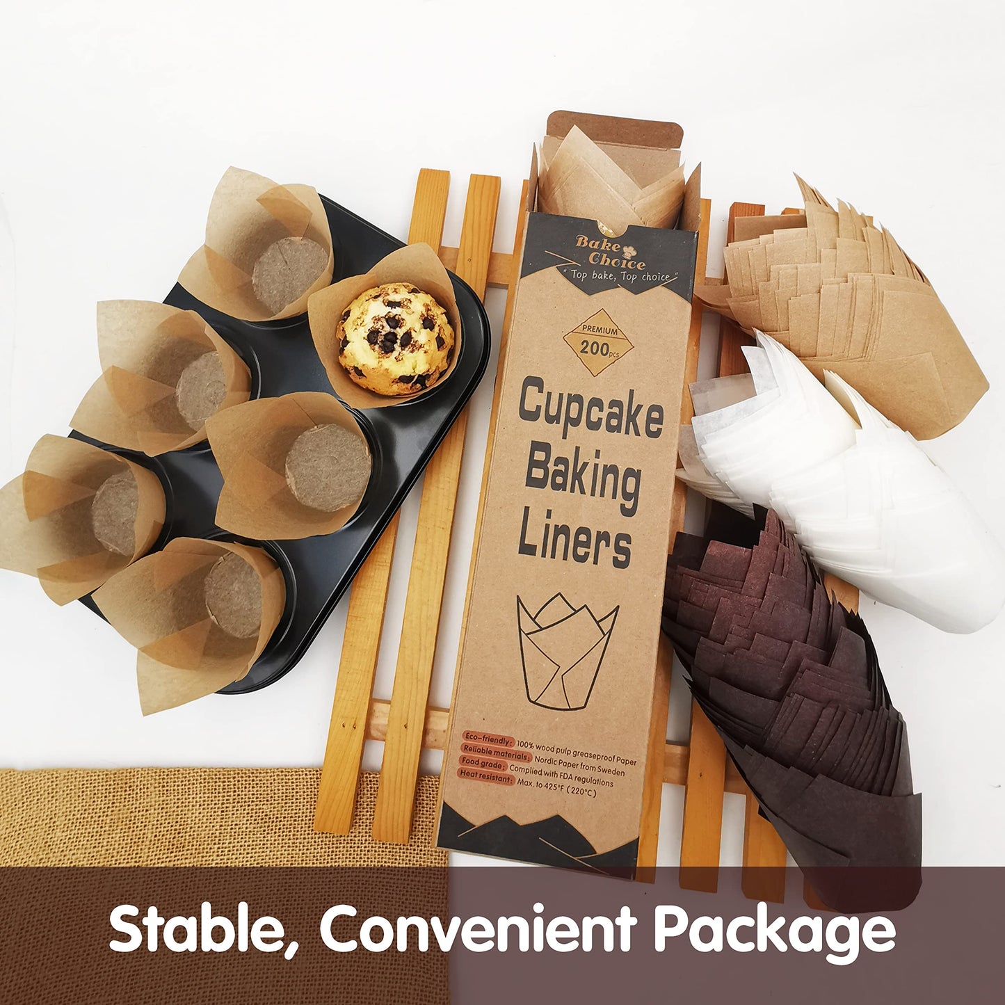 Bake Choice 200pcs Brown Tulip Cupcake Liners for Baking Cups European Parchment Paper Tulip Muffin Liners, Nordic Paper Cupcake Wrapper for Party, Christmas, Standard Size