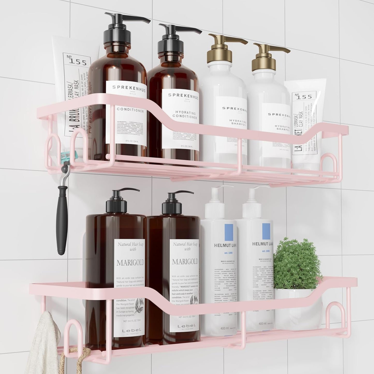 Kitsure Shower Caddy | Large Adhesive Organizer - Stainless Steel Shelf for No-Drill Bathroom Storage, 2 Pack, Pink