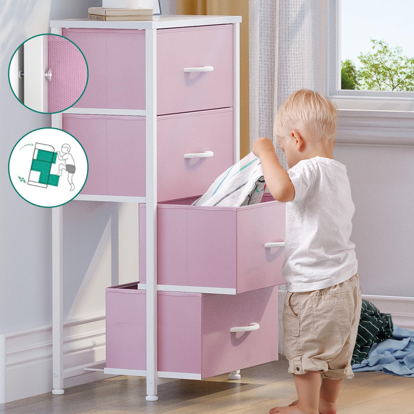 YITAHOME Dresser with 4 Drawers - Storage Tower Unit, Fabric Dresser for Living Room, Closets - Sturdy Steel Frame, Wooden Top & Easy Pull Fabric Bins, Pink