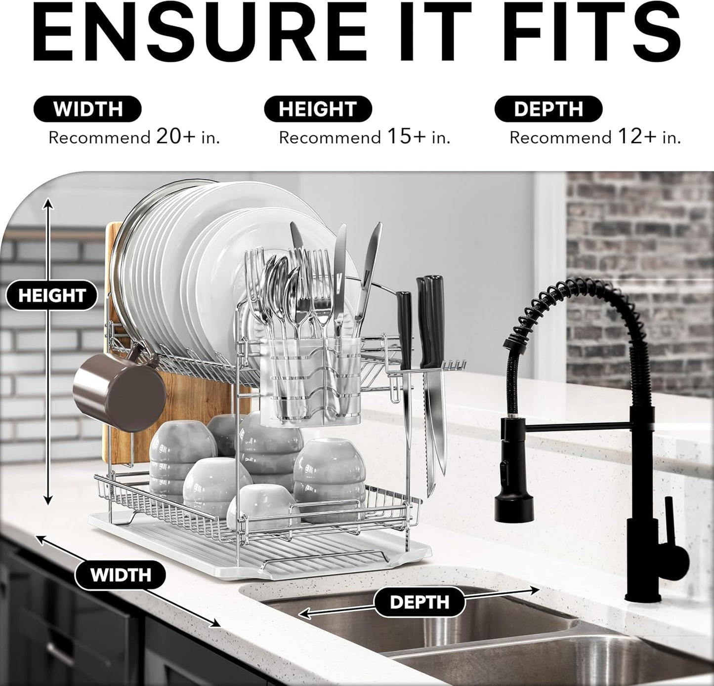 Simple Houseware 2-Tier Stainless Steel Dish Rack - Chrome Finish with Drainboard for Kitchen Organization