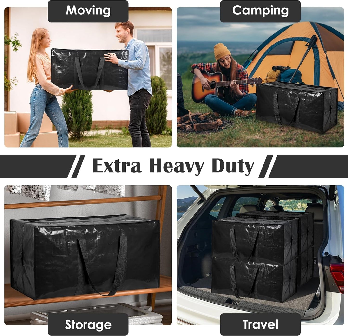 Skiennix 6 Pack Moving Bags - Extra Large 93L Heavy Duty Waterproof Storage Totes | Black for Home Organization & College Dorms