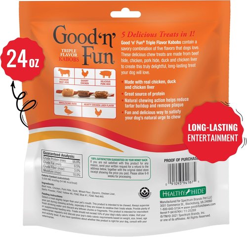 Good ‘n’ Fun Triple Flavor Kabobs - Long-Lasting Dog Chews with Beef Hide, Chicken & Pork | 24 Ounces