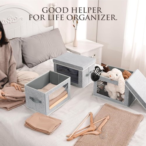 Homsorout Fabric Storage Bins - 3-Pack Foldable Storage Cubes with Lids & Windows for Home & Office