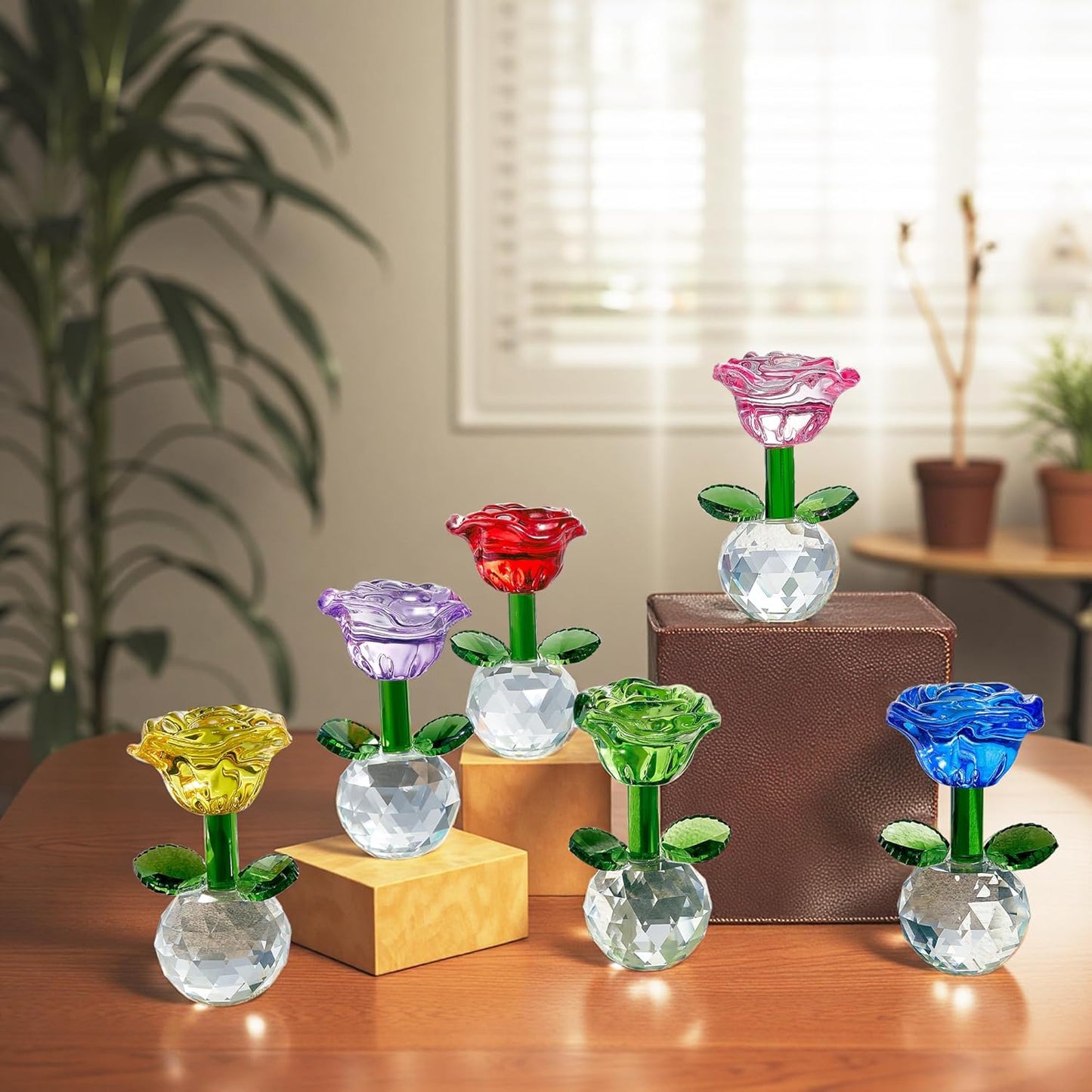 Regine Switzerland Crystal Glass Rose Flowers Figurines - Colorful Blown Glass Decor | Set of 6, 3.5in