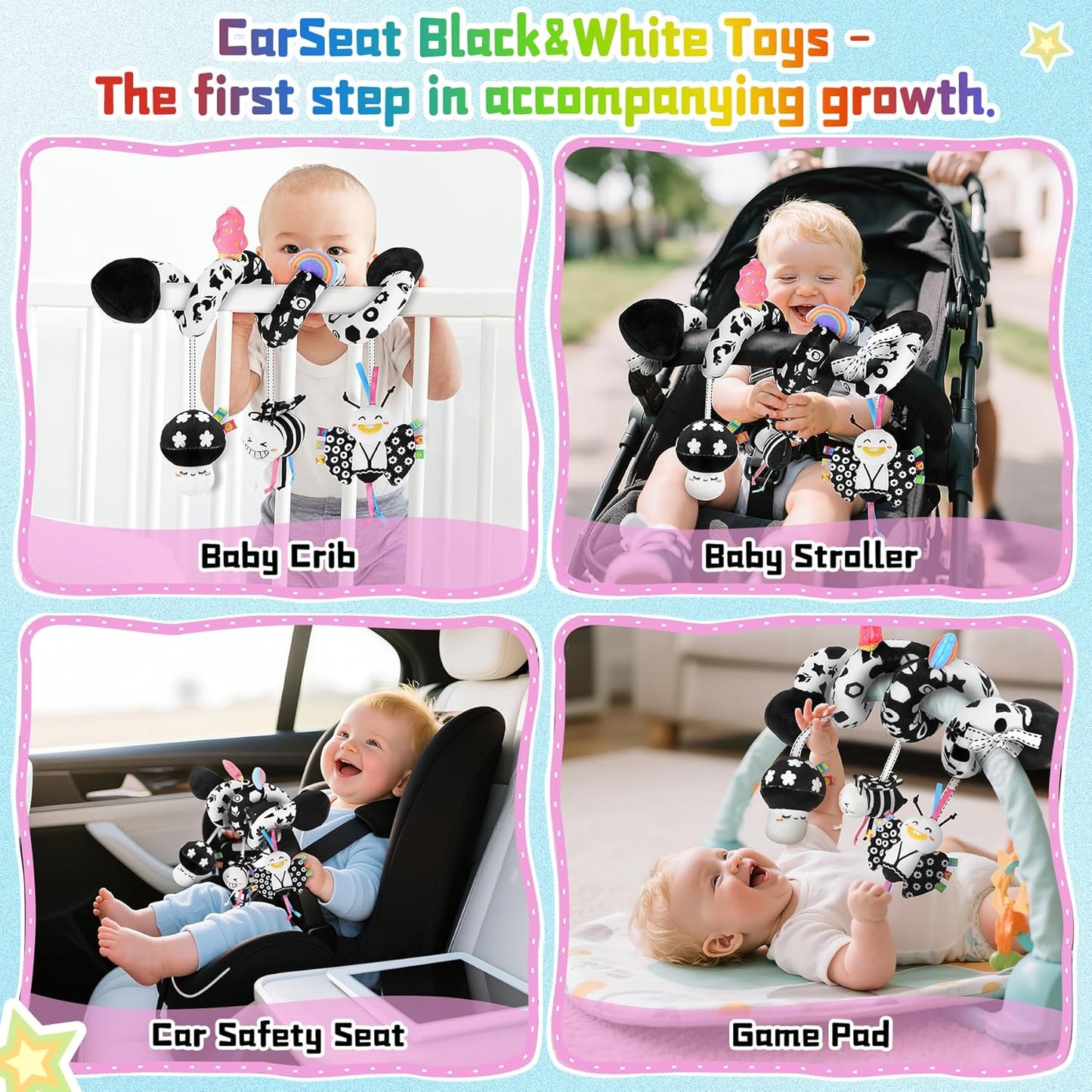 Skiennix Spiral Car Seat Toys - High Contrast Black & White Sensory Plush Toy for Babies 0-6 Months
