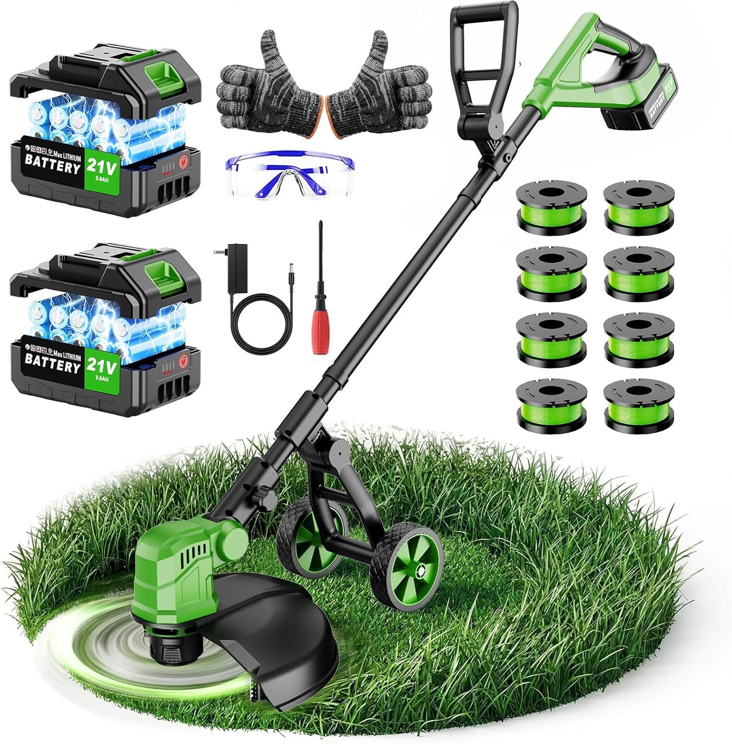 Skiennix 14'' Cordless Electric Weed Wacker - 20000RPM Lightweight String Trimmer with 8 Replacement Spools for Lawn Care
