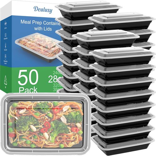 Dealusy 28 oz Meal Prep Containers - 50 Pack of Reusable, Leakproof Food Storage with Lids | Microwave & Dishwasher Safe