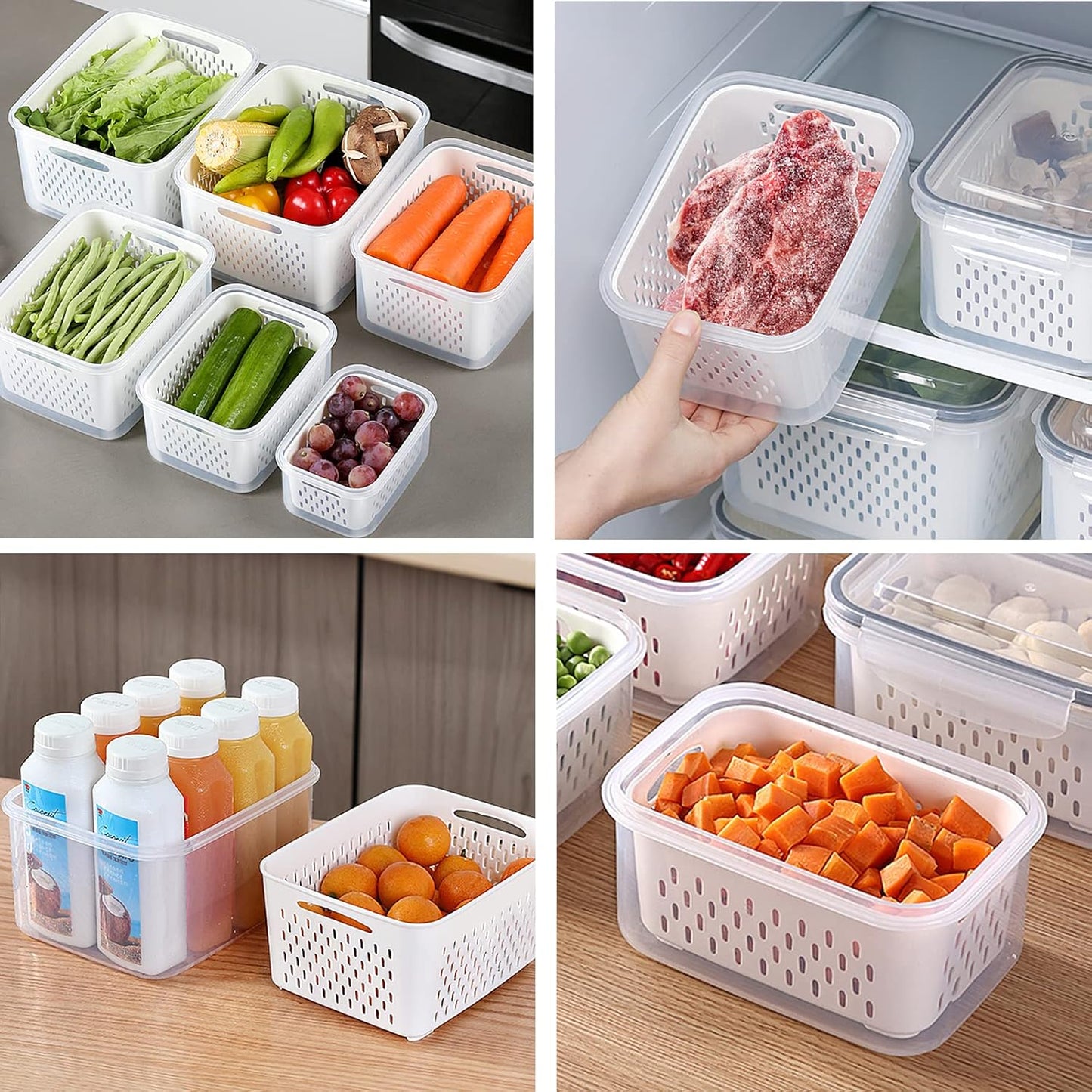 Skiennix 3-Pack Fridge Food Storage Containers - BPA-Free Plastic Produce Savers | Fresh Vegetable & Fruit Keepers (3.15L, 1.7L, 0.8L)